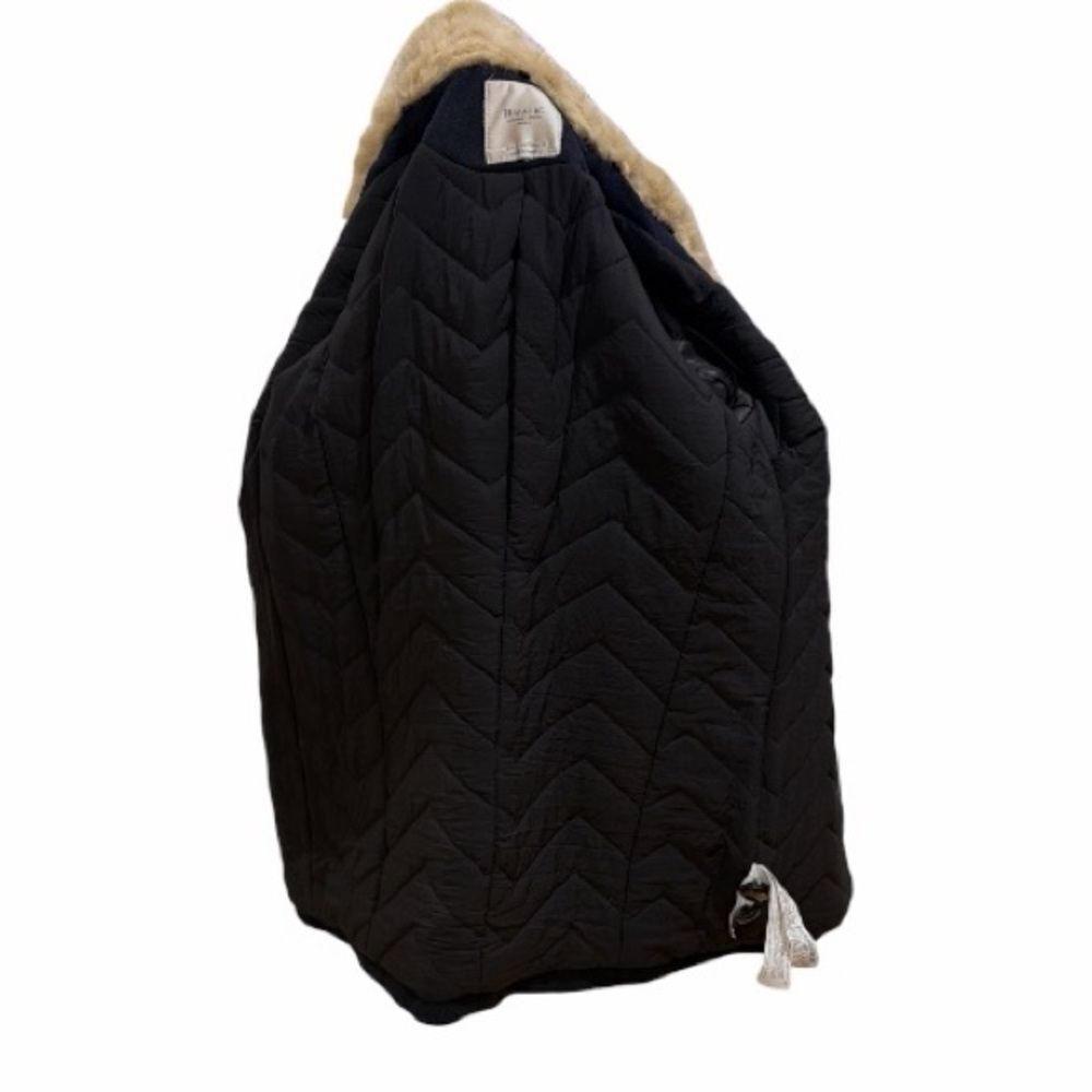 Zara Trafaluc Black Double Breasted Wool Pea Coat Faux Fur Collar Navy Blue Sz S - Picture 9 of 10